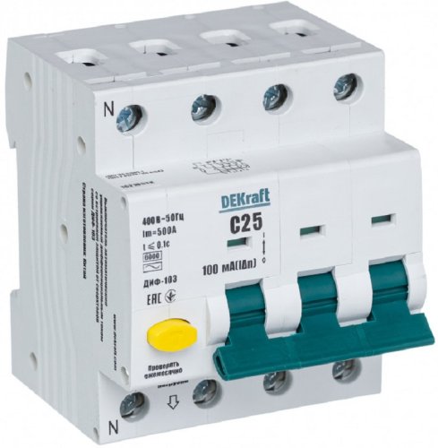 Автомат дифференциального тока АВДТ DEKraft ДИФ-103 4п (3п+N) 25А 100мА 6кА C тип AC картинка